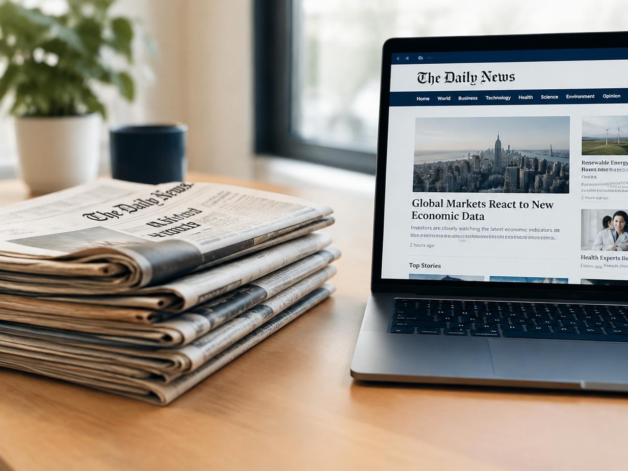 Newspapers and a laptop on a newsroom desk